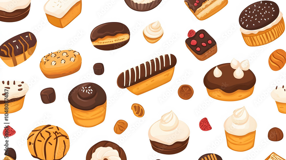 Seamless chocolate pattern featuring various baked goods like cookies, croissants, and donuts, perfect for a sweet-themed background Seamless chocolate pattern featuring various baked goods like cookies, croissants, and donuts, perfect for a sweet-themed background