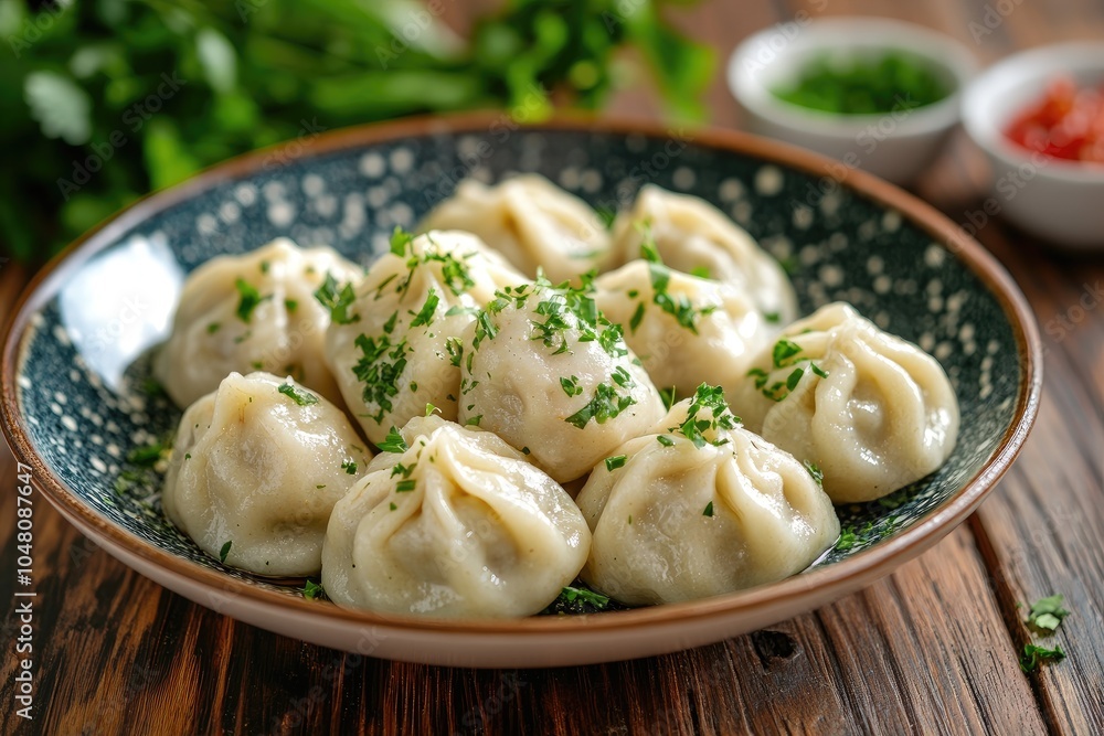 Steaming hot bowl of dumplings garnished with fresh parsley Steaming hot bowl of dumplings garnished with fresh parsley