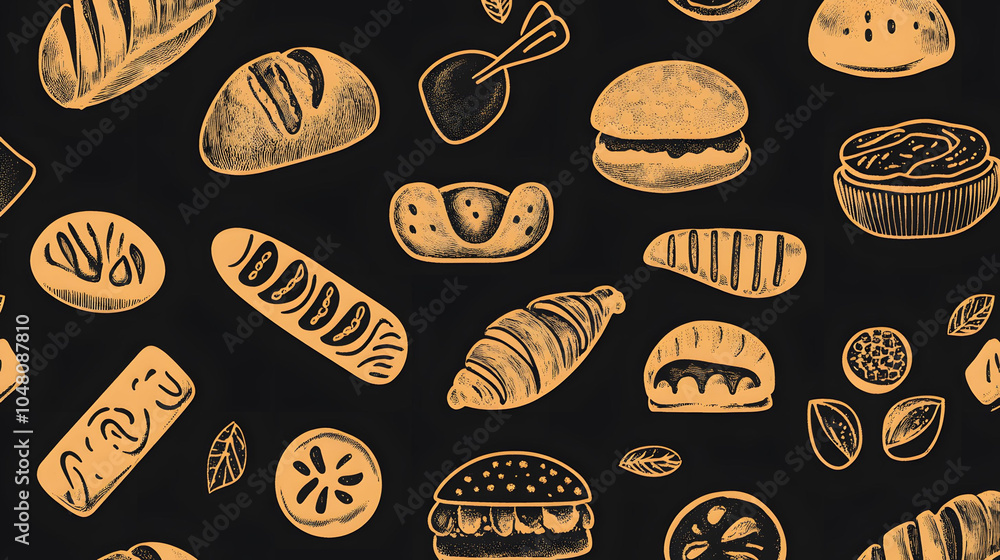 Seamless chocolate pattern featuring various baked goods like cookies, croissants, and donuts, perfect for a sweet-themed background Seamless chocolate pattern featuring various baked goods like cookies, croissants, and donuts, perfect for a sweet-themed background
