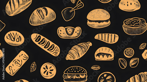 Seamless chocolate pattern featuring various baked goods like cookies, croissants, and donuts, perfect for a sweet-themed background