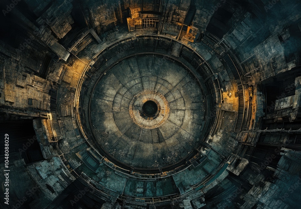 Aerial view of a circular industrial structure with metallic textures and lighting. Aerial view of a circular industrial structure with metallic textures and lighting.
