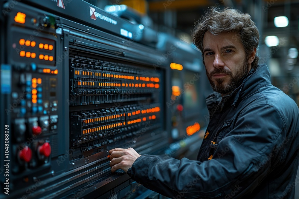 A Man Operating a Large Industrial Machine with Illuminated Buttons A Man Operating a Large Industrial Machine with Illuminated Buttons