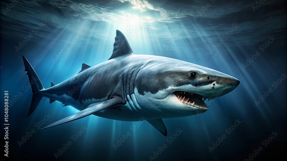 Fototapeta premium A Majestic Apex Predator Glides Through the Deep, Its Razor-Sharp Teeth Gleaming in the Sunbeams Piercing the Dark Depths