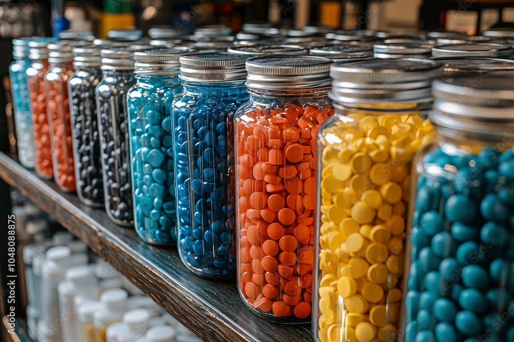 Glass Jars Filled with Colorful Pills on a Wooden Shelf Glass Jars Filled with Colorful Pills on a Wooden Shelf
