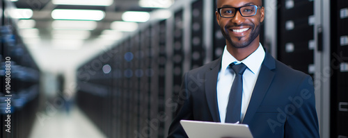 Professional man in business attire smiling while holding a tablet in a modern data center with rows of servers during the day