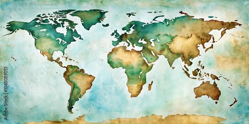 Fototapeta Naklejka Na Ścianę i Meble -  An abstract watercolor map of the world with muted greens and browns, depicting the continents in a vintage style.