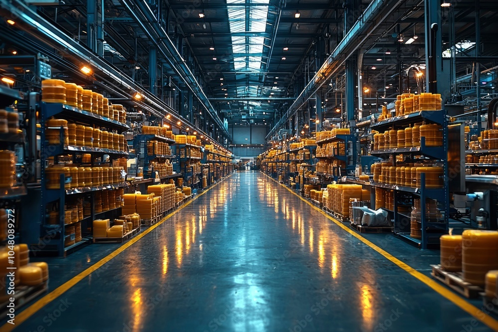 Industrial Warehouse with Rows of Yellow Containers on Shelves Industrial Warehouse with Rows of Yellow Containers on Shelves