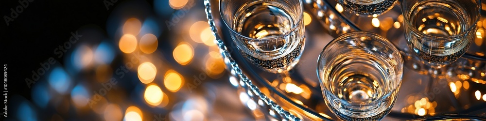 Elegant crystal glasses with golden lights reflected. Elegant crystal glasses with golden lights reflected.