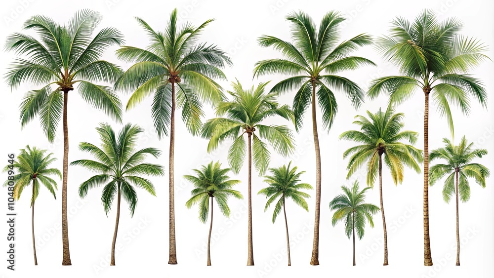 Obraz premium A row of majestic palm trees swaying gently in the breeze, their fronds reaching towards the sky, creating a picturesque tropical scene.