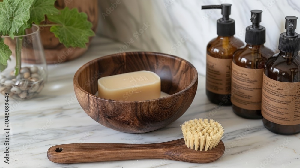 An aesthetically pleasing bathroom setup with a wooden bowl holding natural soap, a wooden brush, and a range of skincare products presented on a stylish marble counter. An aesthetically pleasing bathroom setup with a wooden bowl holding natural soap, a wooden brush, and a range of skincare products presented on a stylish marble counter.