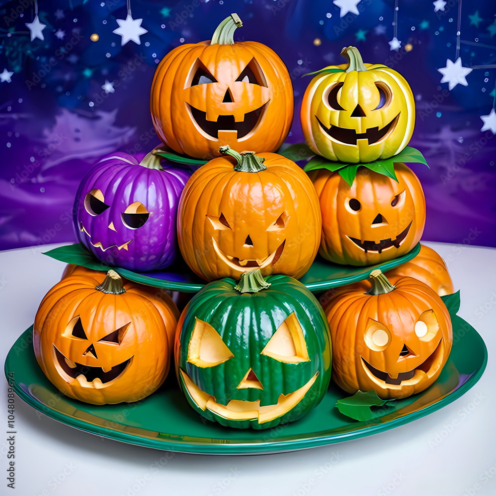 ハロウィン背景のカラフルポップなカボチャと黒い星 ハロウィン背景のカラフルポップなカボチャと黒い星