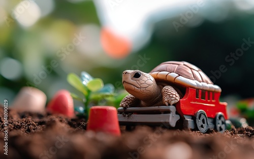 A playful turtle toy rides on a red mini train across a dirt landscape with green foliage. photo