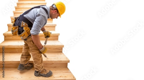 Construction worker using a tool on wooden stairs photo