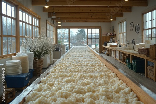 A wooden trough filled with white foam in a rustic workshop setting.