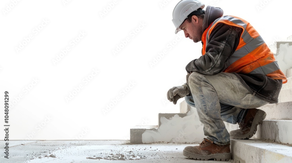 Construction Worker Sitting on Concrete Steps Construction Worker Sitting on Concrete Steps