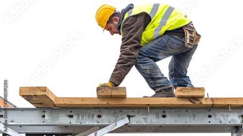 Construction Worker on a Wooden Beam During Construction