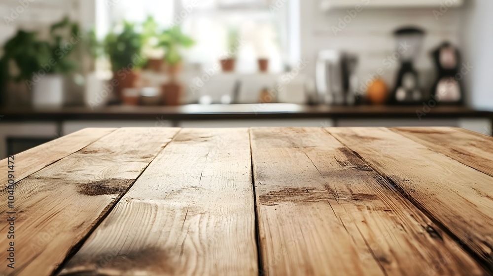 Wooden table with blurred kitchen counter in the background, ideal for product presentation. Wooden table with blurred kitchen counter in the background, ideal for product presentation.