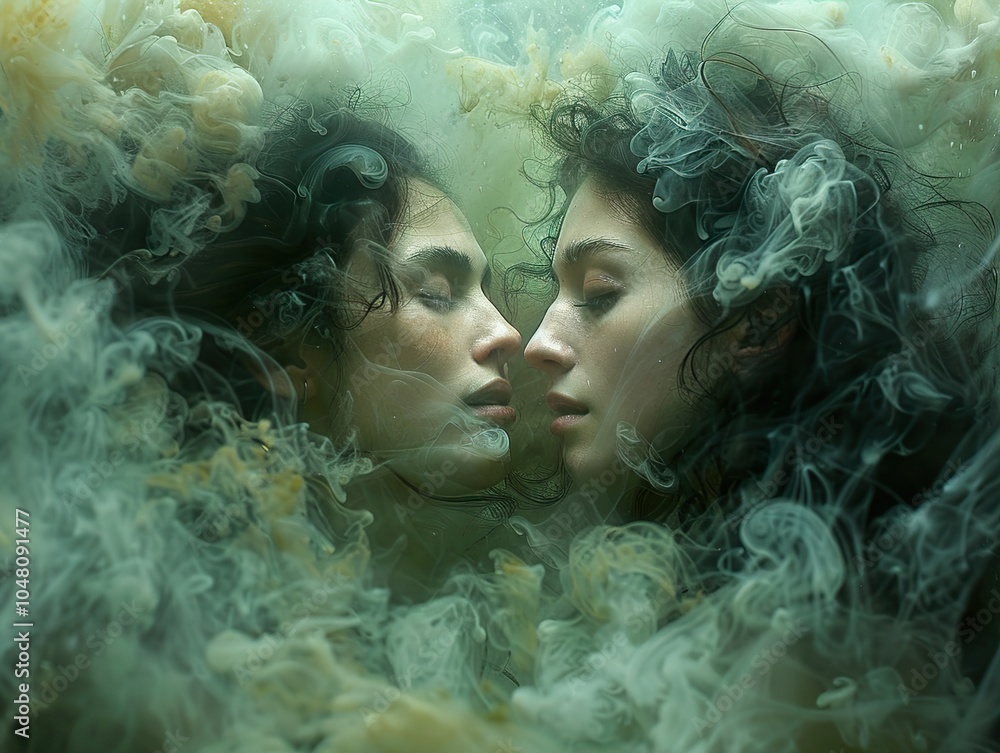 Two Women Embrace in a Dreamy Underwater World Two Women Embrace in a Dreamy Underwater World