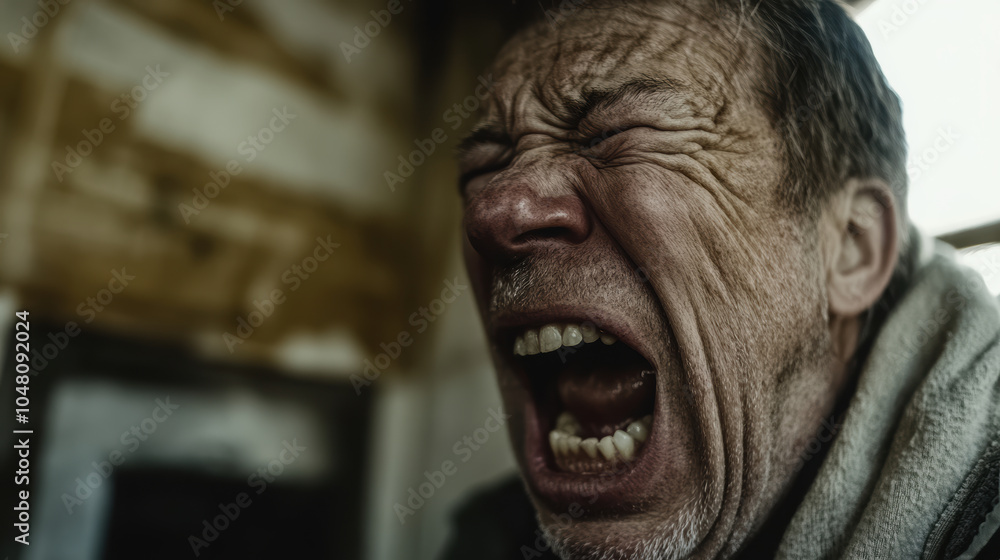 Intense close up of man expressing deep emotion, showcasing raw moment of anguish and frustration. image captures essence of human struggle and vulnerability Intense close up of man expressing deep emotion, showcasing raw moment of anguish and frustration. image captures essence of human struggle and vulnerability