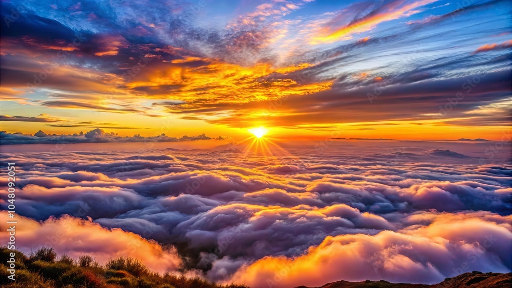 Fototapeta premium A fiery sunrise paints the sky above a sea of rolling clouds, casting a golden glow upon the landscape below