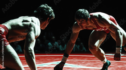 Intense athletes engage in wrestling match, showcasing their muscular physiques and competitive spirit on vibrant red mat. atmosphere is charged with energy and determination photo