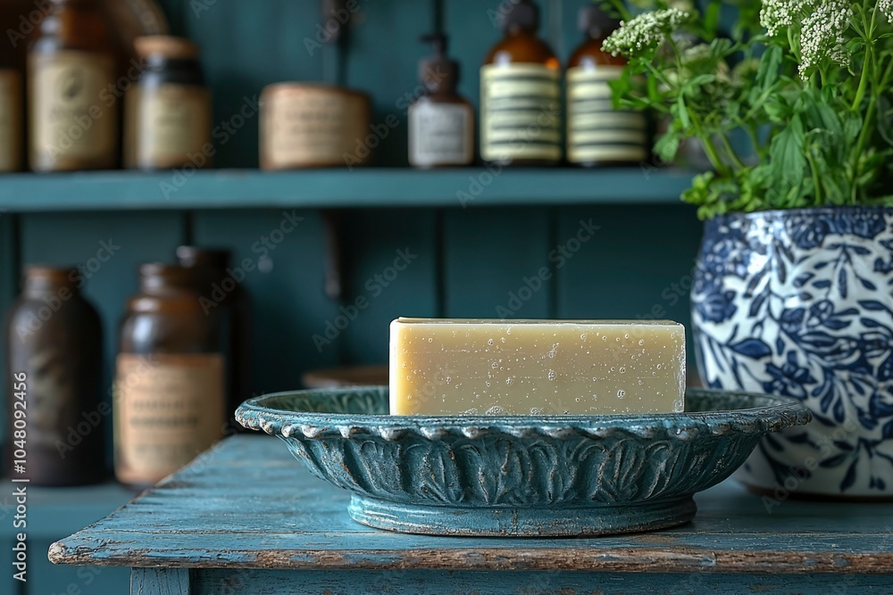 A Bar of Soap in a Decorative Bowl on a Rustic Wooden Table A Bar of Soap in a Decorative Bowl on a Rustic Wooden Table