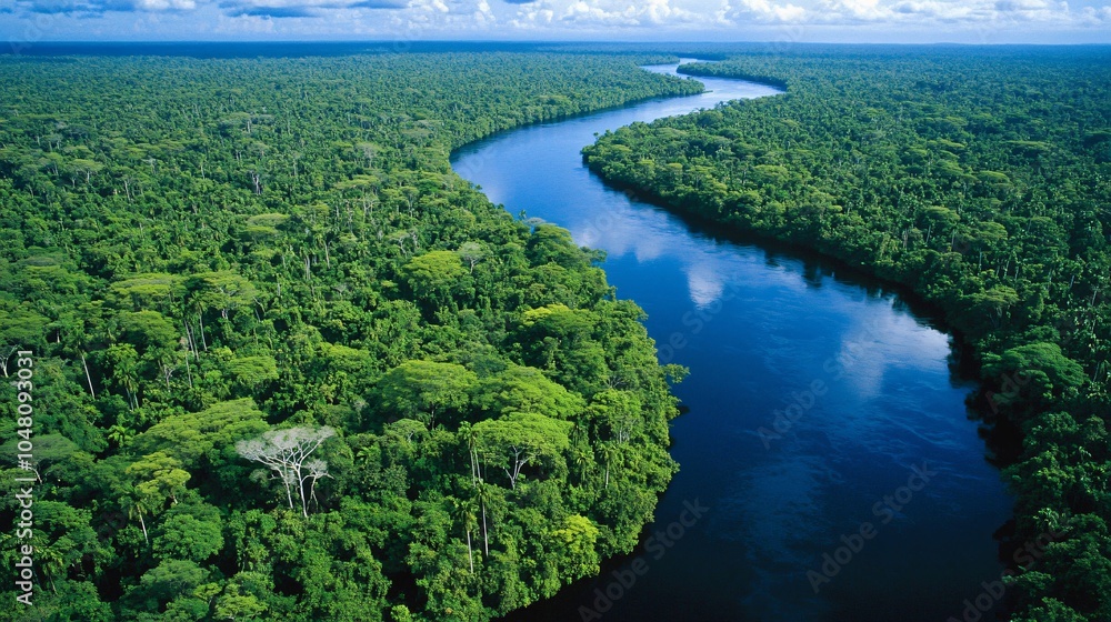 Aerial View of a River Winding Through a Lush Green Rainforest Aerial View of a River Winding Through a Lush Green Rainforest