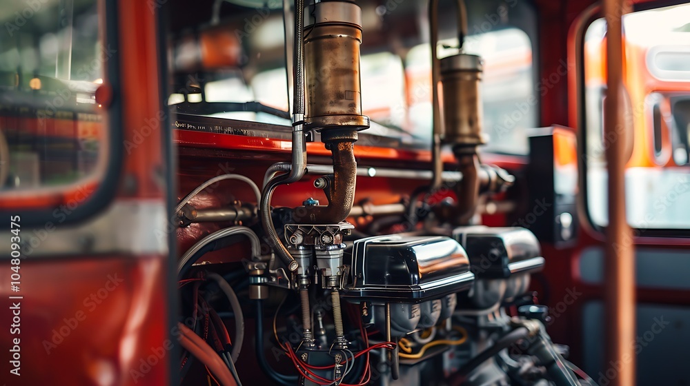 Fototapeta premium Detailed close up of a bus engine compartment with wiring