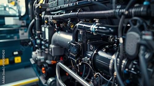 Detailed close up of a bus engine compartment machinery and parts