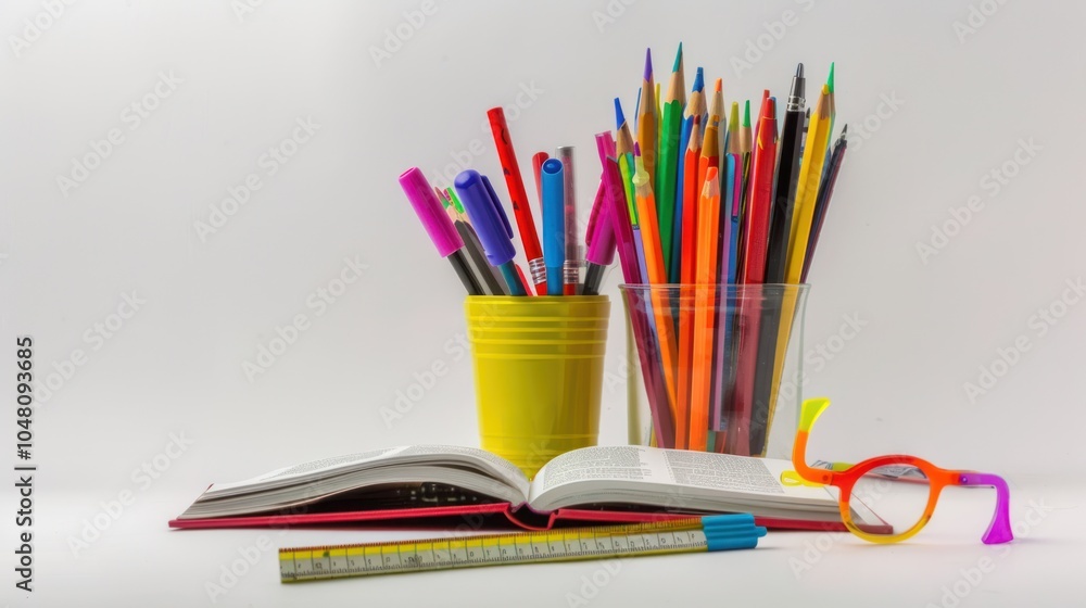 Fototapeta premium Colorful Pencils, Pens, and a Book on a White Background