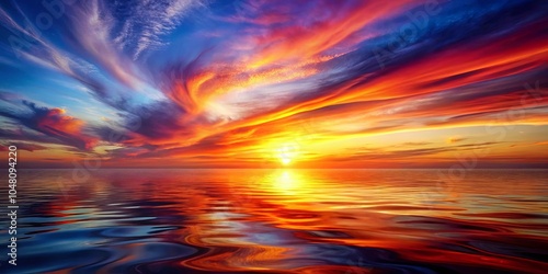 A vibrant sunset paints the sky with fiery hues, casting a mesmerizing reflection on the calm ocean waves.