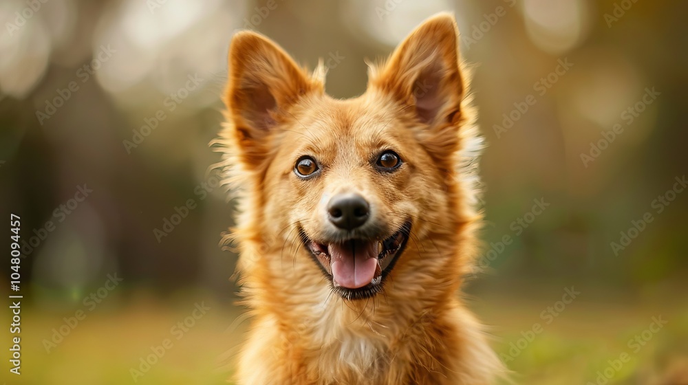 Naklejka premium A close-up portrait of a happy, golden-brown dog looking directly at the camera with its tongue sticking out.