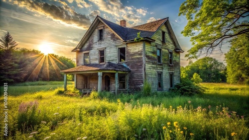 A weathered farmhouse stands forgotten in a field of wildflowers bathed in the golden glow of the setting sun, casting long shadows and whispers of a bygone era.