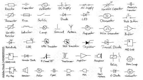 Set of hand drawn electrical and electronic circuit symbols