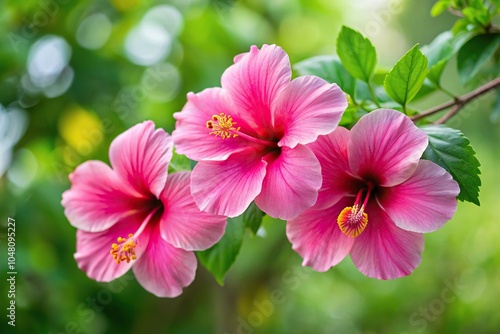 Three pink hibiscus flowers blooming on branch with green leaves forced perspective