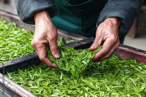 Close-up of Hands Sorting Fresh Green Tea Leaves photo