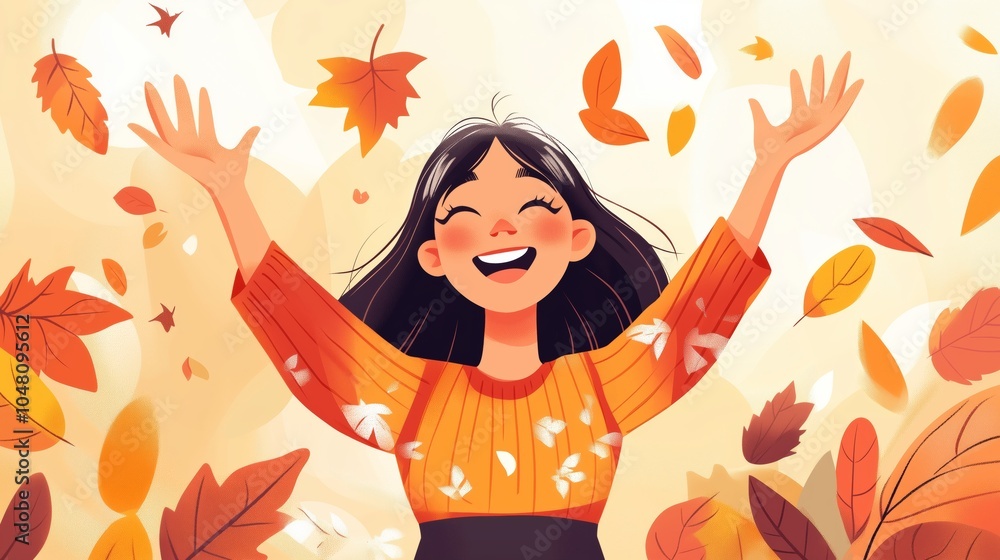 Portrait illustration of a happy girl raising her arms to welcome autumn season with leaves falling around Portrait illustration of a happy girl raising her arms to welcome autumn season with leaves falling around