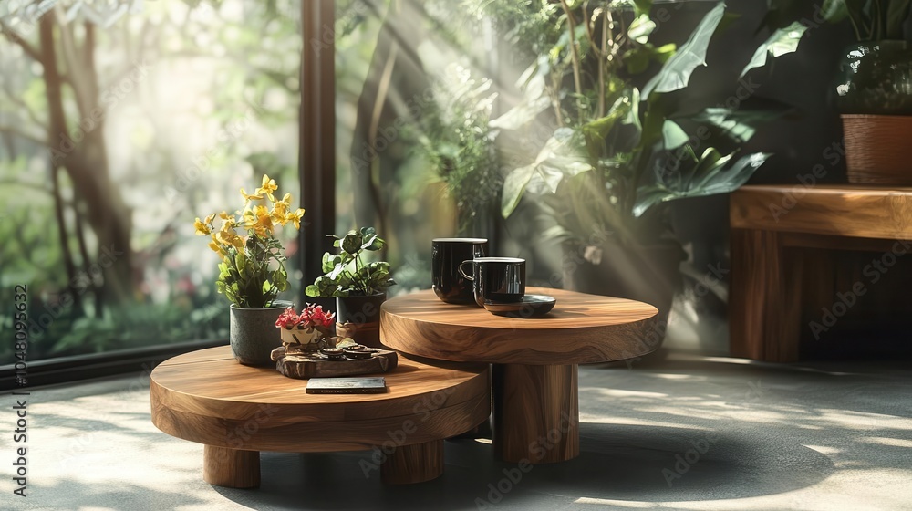 Sunlight streams through a window onto two round wooden coffee tables with a potted plant, fruit, and mugs. Sunlight streams through a window onto two round wooden coffee tables with a potted plant, fruit, and mugs.