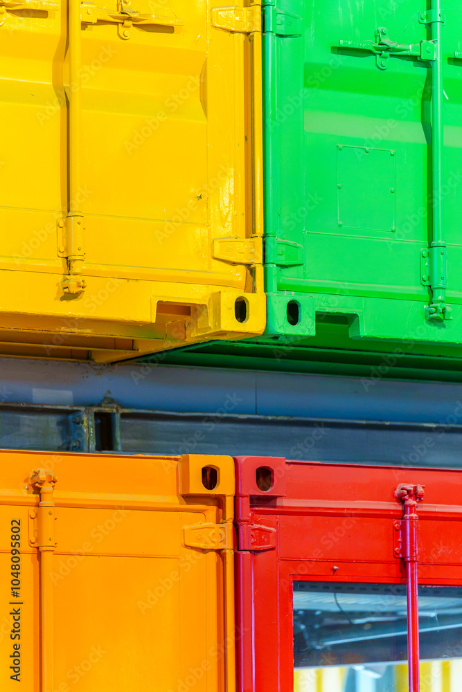 Warehouse building with various colorful shipping containers