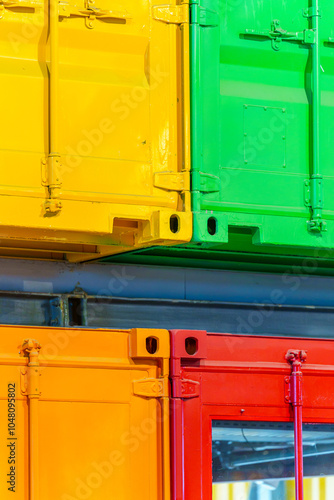 Warehouse building with various colorful shipping containers