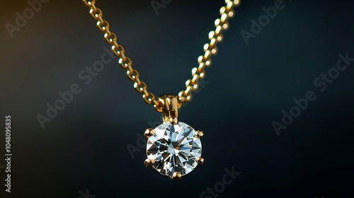 Diamond pendant hanging elegantly from gold chain photo