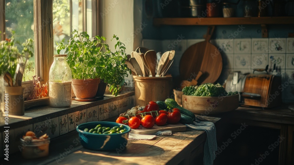 Rustic Kitchen Windowsill with Fresh Produce and Wooden Utensils Rustic Kitchen Windowsill with Fresh Produce and Wooden Utensils
