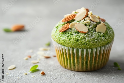 Green tea muffin topped with almonds