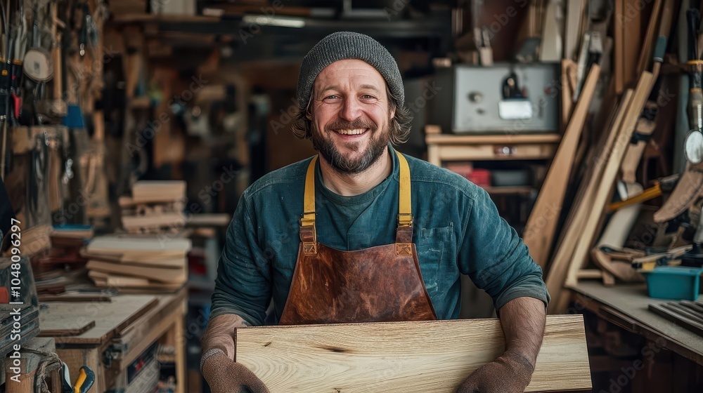Smiling carpenter holding wooden plank in workshop. Smiling carpenter holding wooden plank in workshop.