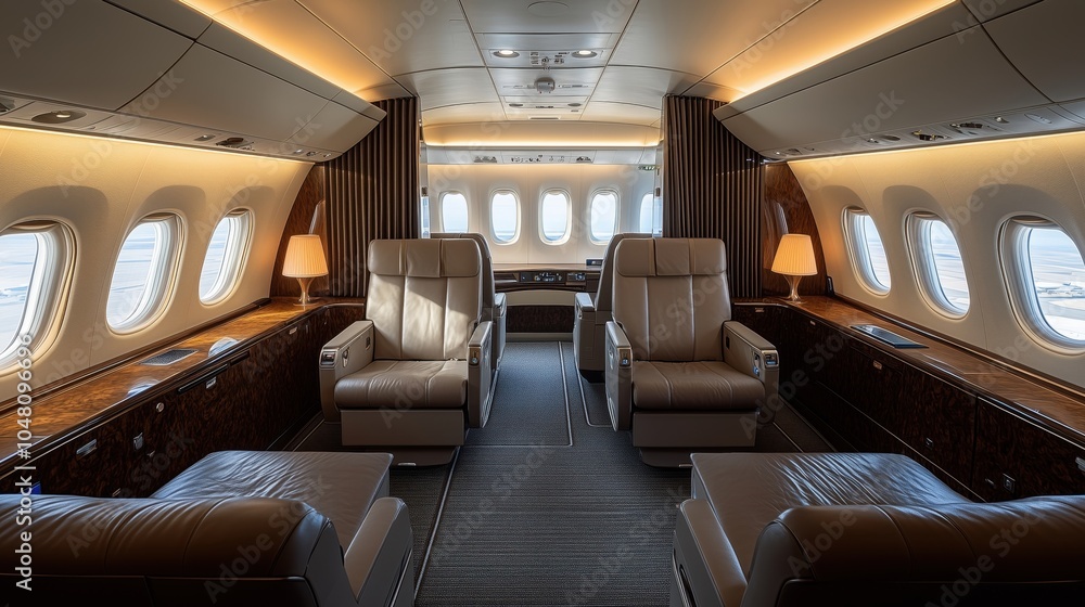 Fototapeta premium Interior of a luxurious private jet with comfortable seating and elegant lighting.