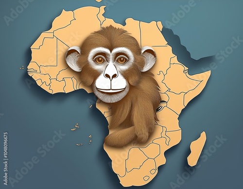 Visual representation of monkeypox showing an illustration of a monkey on an african map backdrop, emphasizing disease prevalence. detailed rendering highlights regions affected within africa. photo