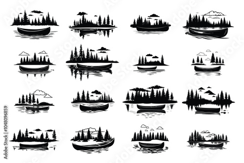 Canoe and Forest Lake Silhouettes - Black and White Vector Illustrations of Nature Scenes with Canoes and Pine Trees