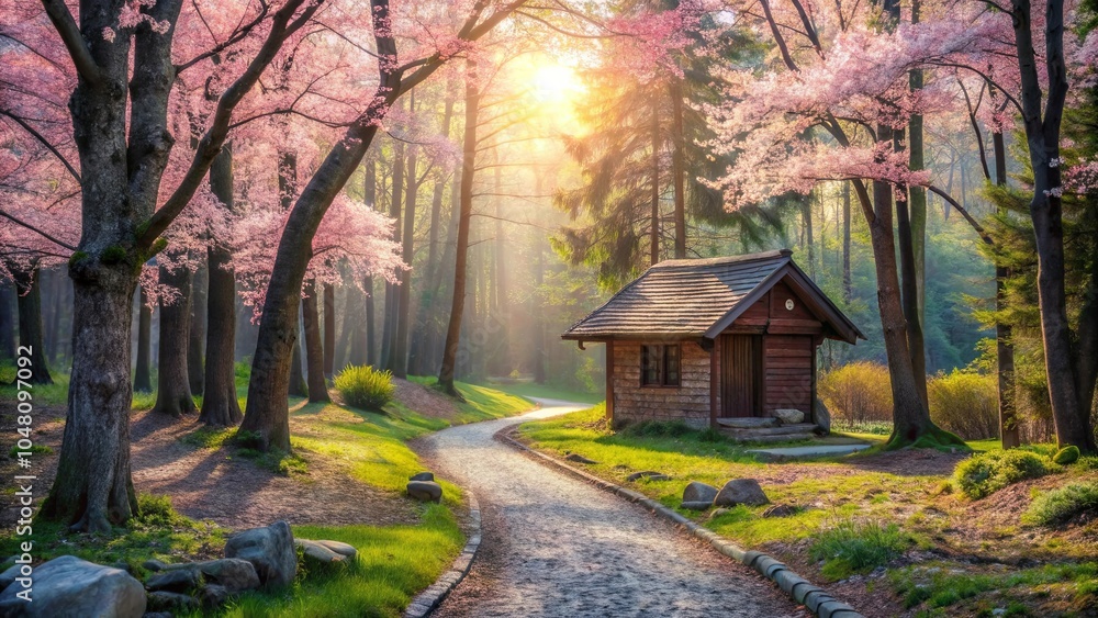A Rustic Cabin Nestled Among Blooming Trees, Bathed in the Golden Light of a Spring Sunrise A Rustic Cabin Nestled Among Blooming Trees, Bathed in the Golden Light of a Spring Sunrise