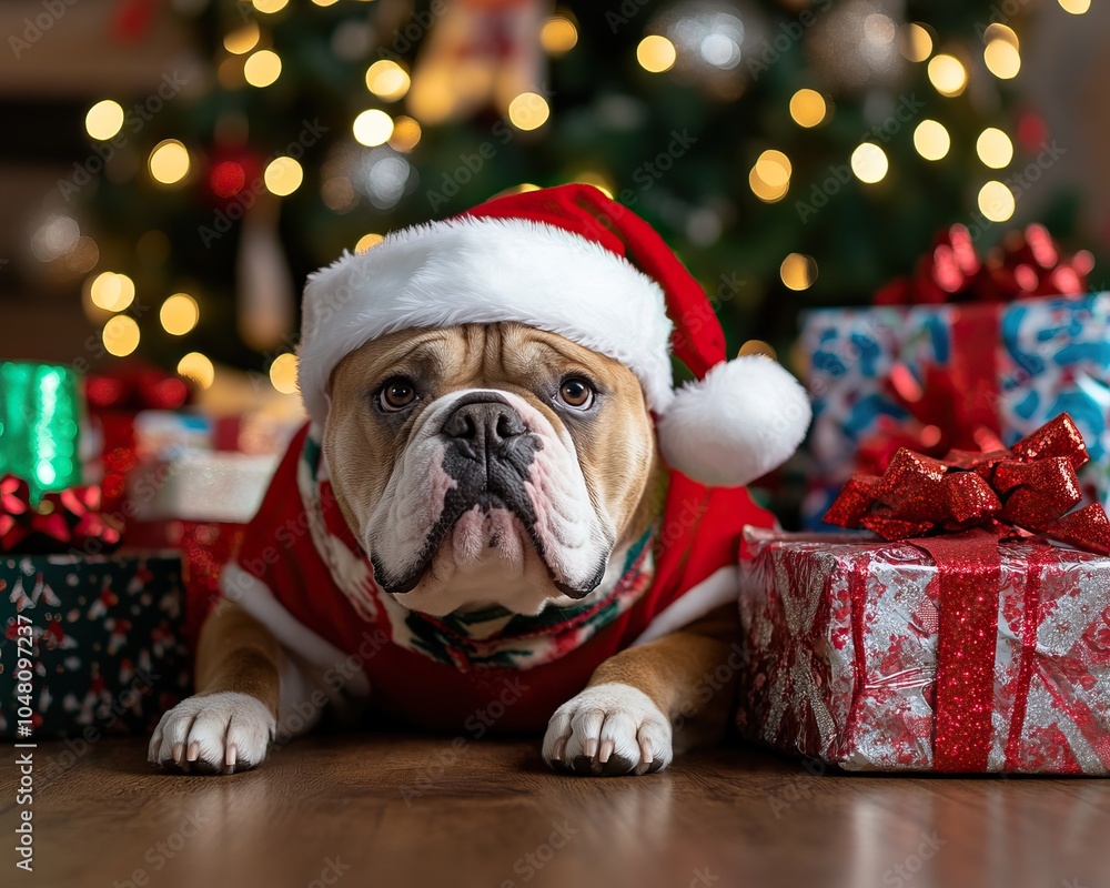 Festive bulldog in Santa hat resting near colorful Christmas presents and decorated tree. Festive bulldog in Santa hat resting near colorful Christmas presents and decorated tree.
