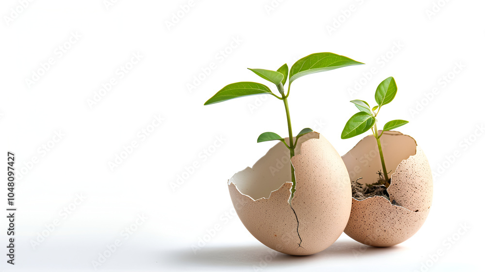Green seedling growing from cracked eggshell in soil on brown background ,Sprouting Seedling Growth Potential Isolated on White Background Green seedling growing from cracked eggshell in soil on brown background ,Sprouting Seedling Growth Potential Isolated on White Background